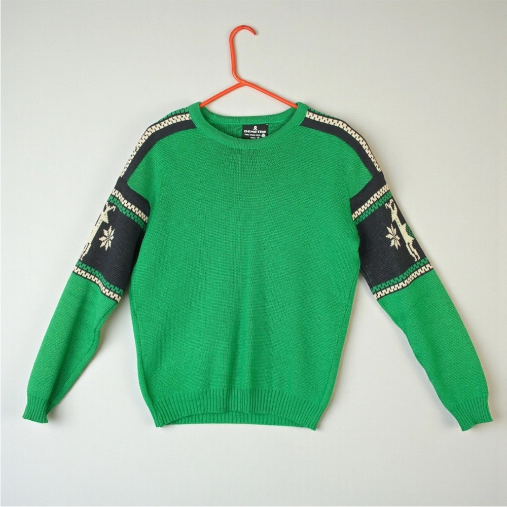 Vintage DEMETRE Pure Virgin Wool Ski Sweater Mens Medium Green Deer Athletic EUC